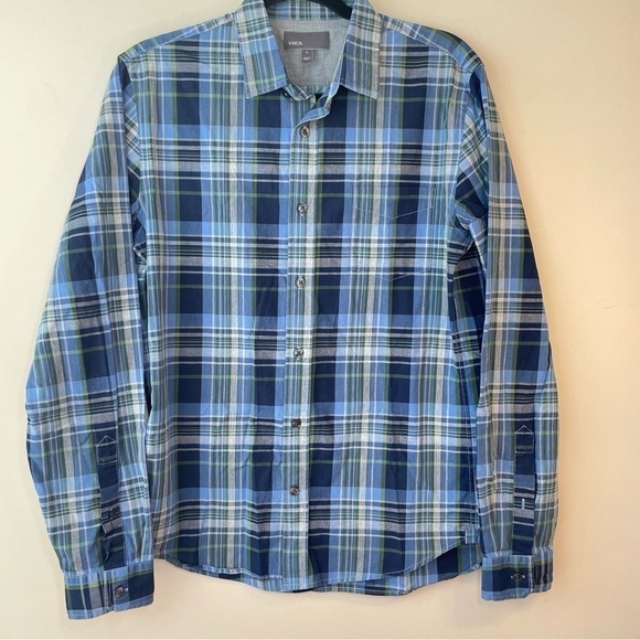 Vince Plaid Cotton Blue Green Long Sleeve Bottom Down Mens Shirt Size Small - Picture 1 of 8